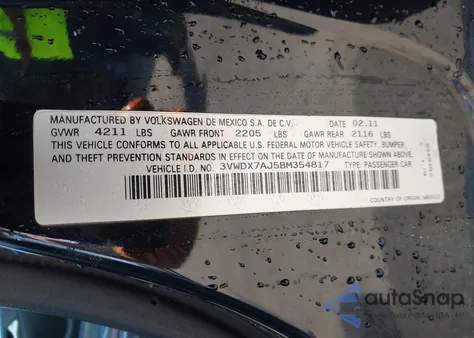 2011 Volkswagen Jetta 2.5L Se from USA, damaged, VIN 3VWDX7AJ5BM354817